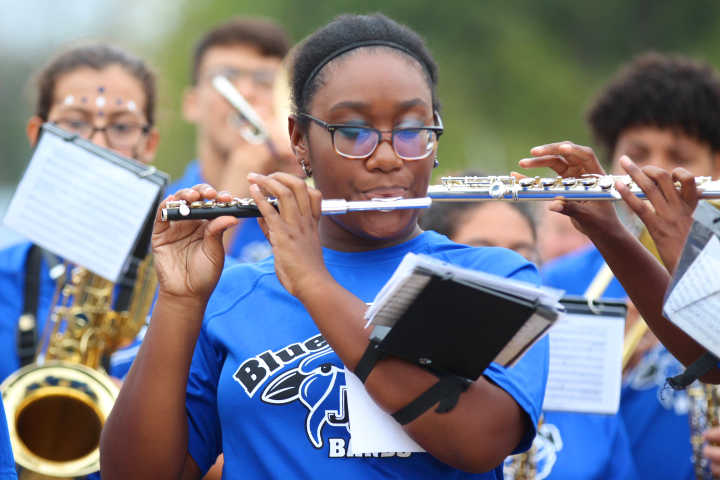 Piccolo player Makayla Powell performs at the ground breaking ceremony. 