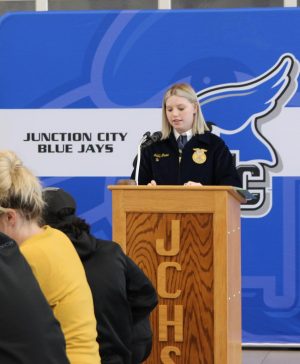 Junior FFA member Gabrielle Brown presents the introduction of guests at the annual FFA banquet held on April, 21, 2022 in the Junction City High School Events Center. 